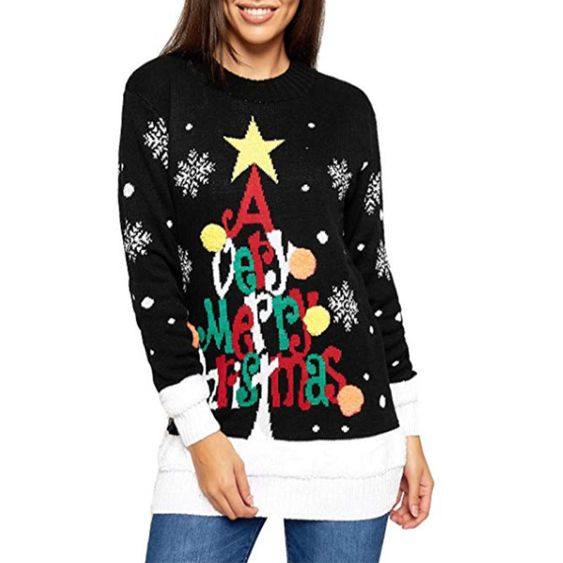 Oversized Christmas Sweater – Letter Graphic and Tree Jacquard Knit Pullover for Women (F00292899)