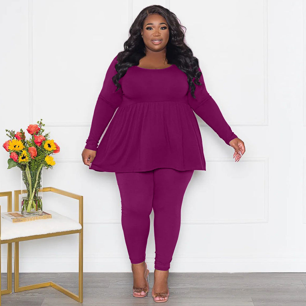 Plus Size Women’s Two-Piece Solid Color Suit – Long-Sleeve T-Shirt and Pants Set (F00210437)