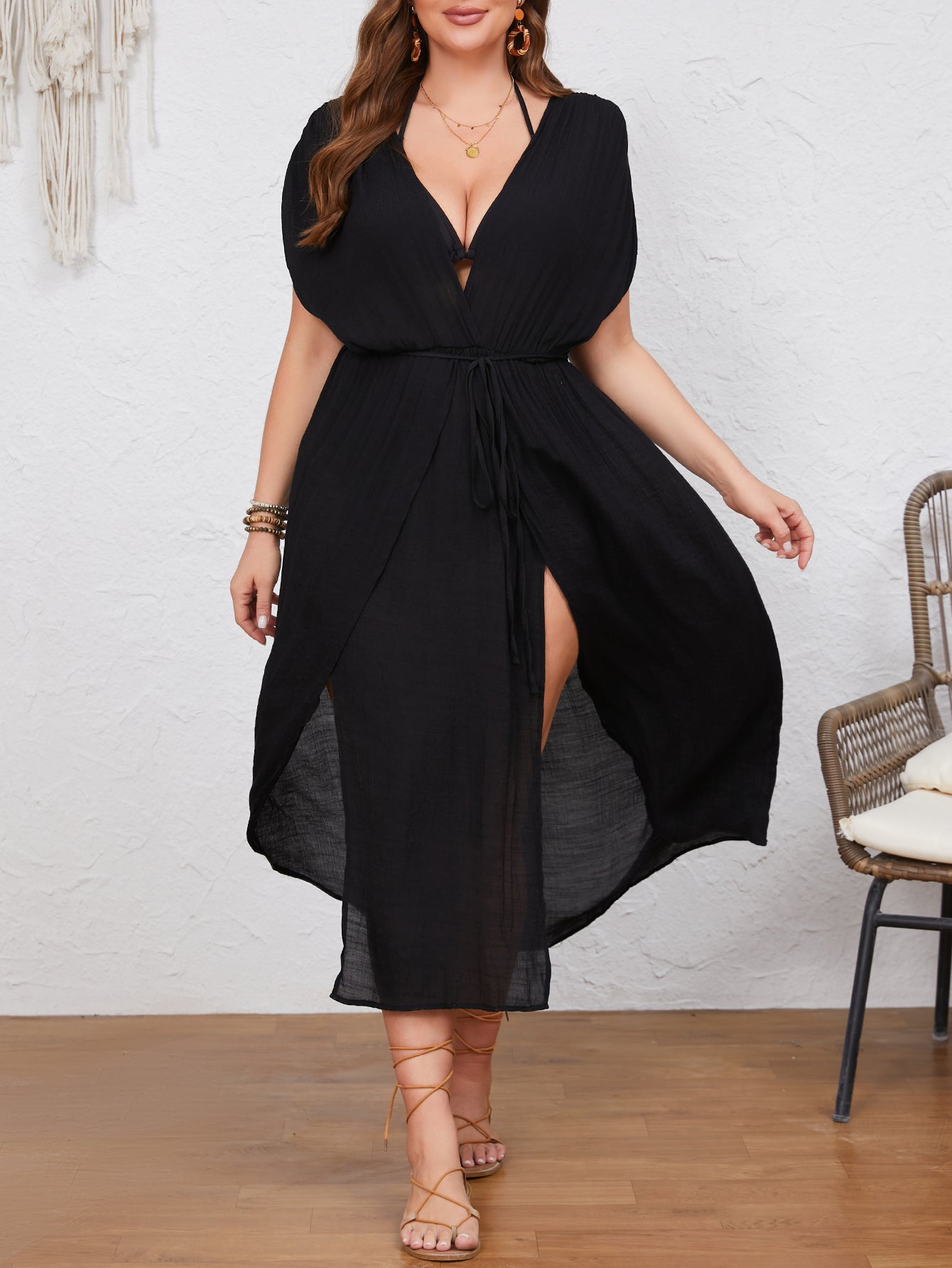 Plus Size Black Maxi Dress – A-Line V-Neck Sleeveless Design with Side Slit (F00268452)