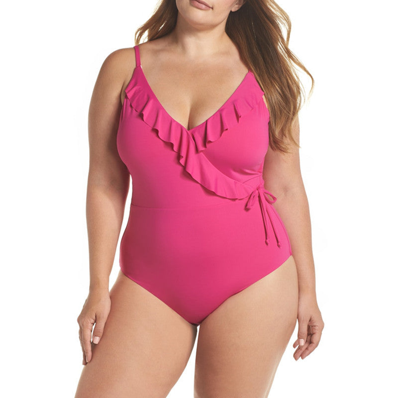 Plus Size One-Piece Swimsuit – Solid Color Cross Flounce Bikini for Women (F00254048)