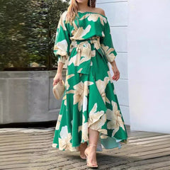 Plus Size Spring Summer Women Printed off Shoulder Elegant Dress (F00294196)