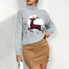 Christmas Sweater – Half Turtleneck Elk Jacquard Pullover with Long Sleeves (F00292619)