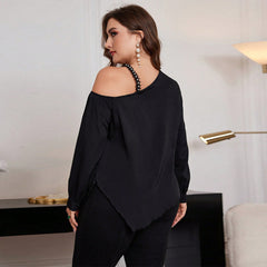 Plus Size Asymmetric Off-Shoulder Blouse – Elegant Loose T-Shirt for Autumn and Winter (F00288442)