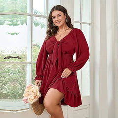 Plus Size Wine Red Midi Dress – Elegant Intellectual Style for Fall and Winter (F00286428)