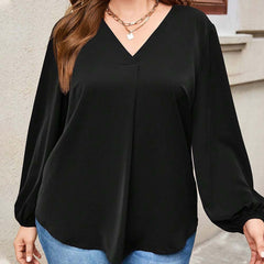 Plus Size V-Neck Slim T-Shirt – Simple Intellectual Style for Autumn and Winter (F00279616)