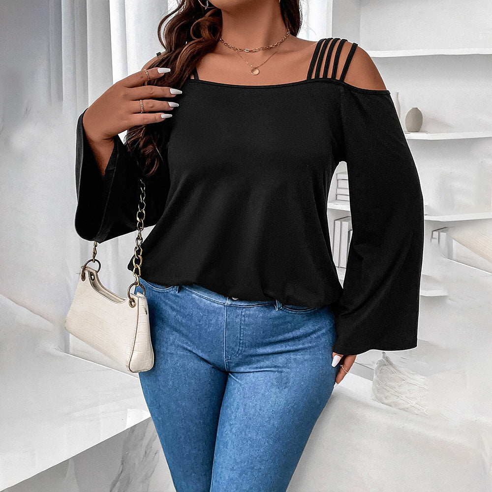 Plus Size Solid Color Cutout Sling Top – Loose Fit and Slimming for Autumn and Winter (F00288445)