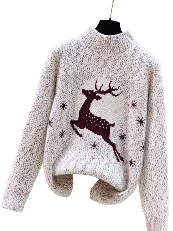 Christmas Sweater – Half Turtleneck Elk Jacquard Pullover with Long Sleeves (F00292619)