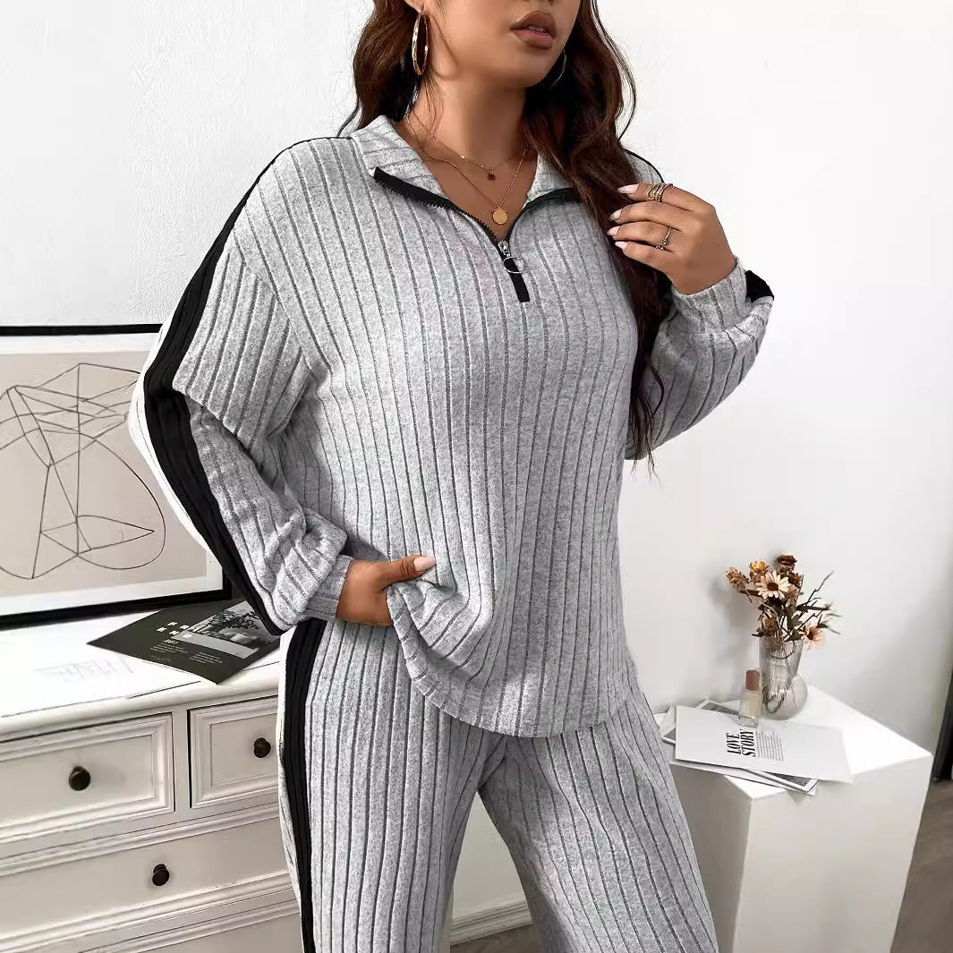 Plus Size Two-Piece Set – Comfortable Contrast Color Suit for Autumn and Winter (F00288444)