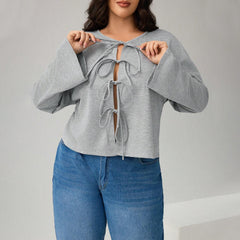 Plus Size Lace-Up Cardigan T-Shirt – Sexy Loose Fit for Autumn and Winter (F00283327)