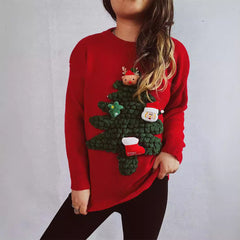 Red Christmas Sweater – Loose Fit with 3D Flocking Tree Design for Women (F00286522)