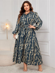 Plus Size Printed Long Sleeve Dress – Waist-Controlled Design with Polo Collar (F00278124)