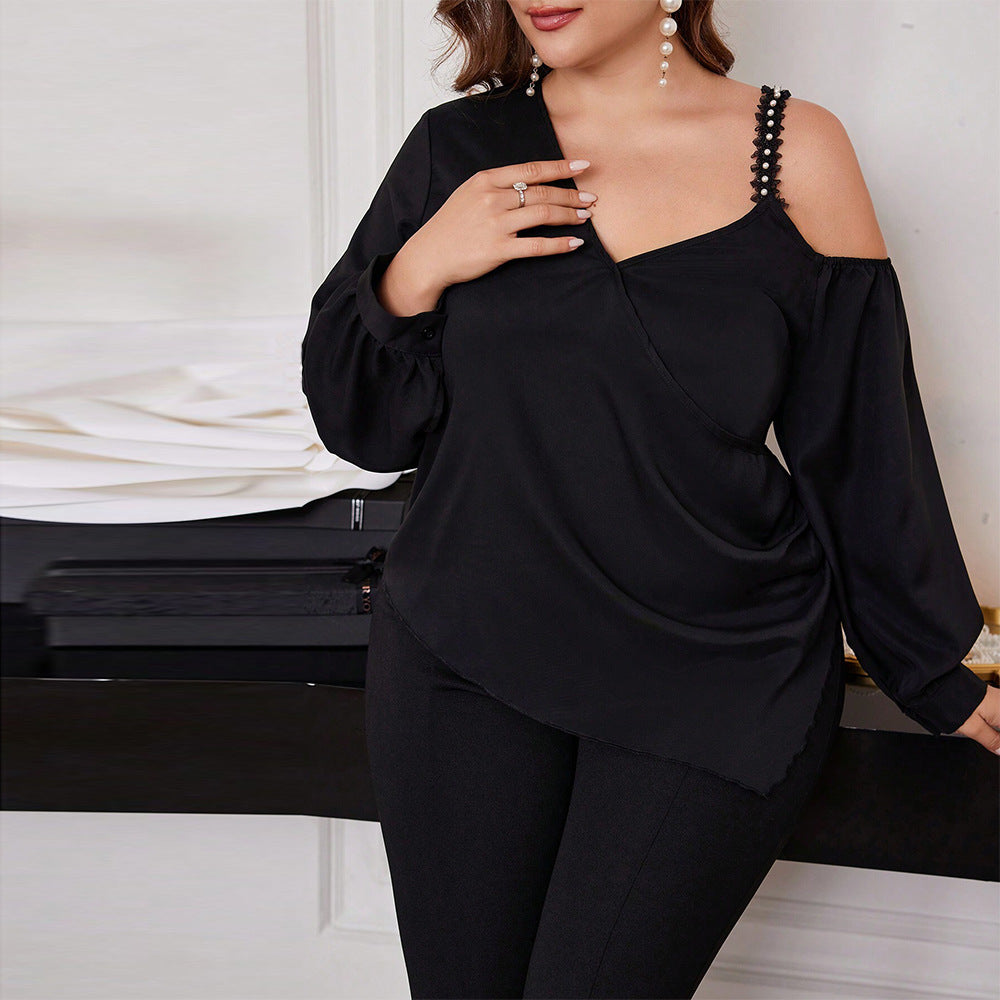 Plus Size Asymmetric Off-Shoulder Blouse – Elegant Loose T-Shirt for Autumn and Winter (F00288442)