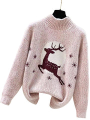 Christmas Sweater – Half Turtleneck Elk Jacquard Pullover with Long Sleeves (F00292619)