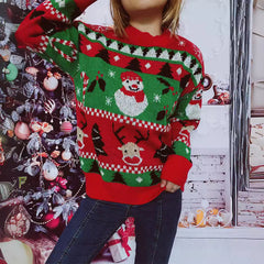 Christmas Knitted Pullover – Round Neck Long Sleeve Sweater with Snowman and Elk Pattern (F00287953)