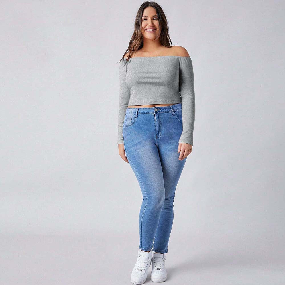 Plus Size Off-Neck Long Sleeve T-Shirt – Slim Fit Underwear Top for Fall and Winter (F00282355)