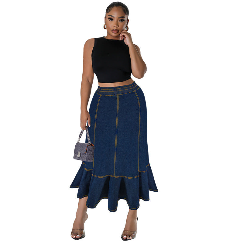 Plus Size Denim Long Skirt – Elastic Waist for Comfort and Style (F00283441)