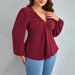 Plus Size Wine Red V-Neck T-Shirt – Elegant and Youthful Design for Autumn and Winter (F00285190)