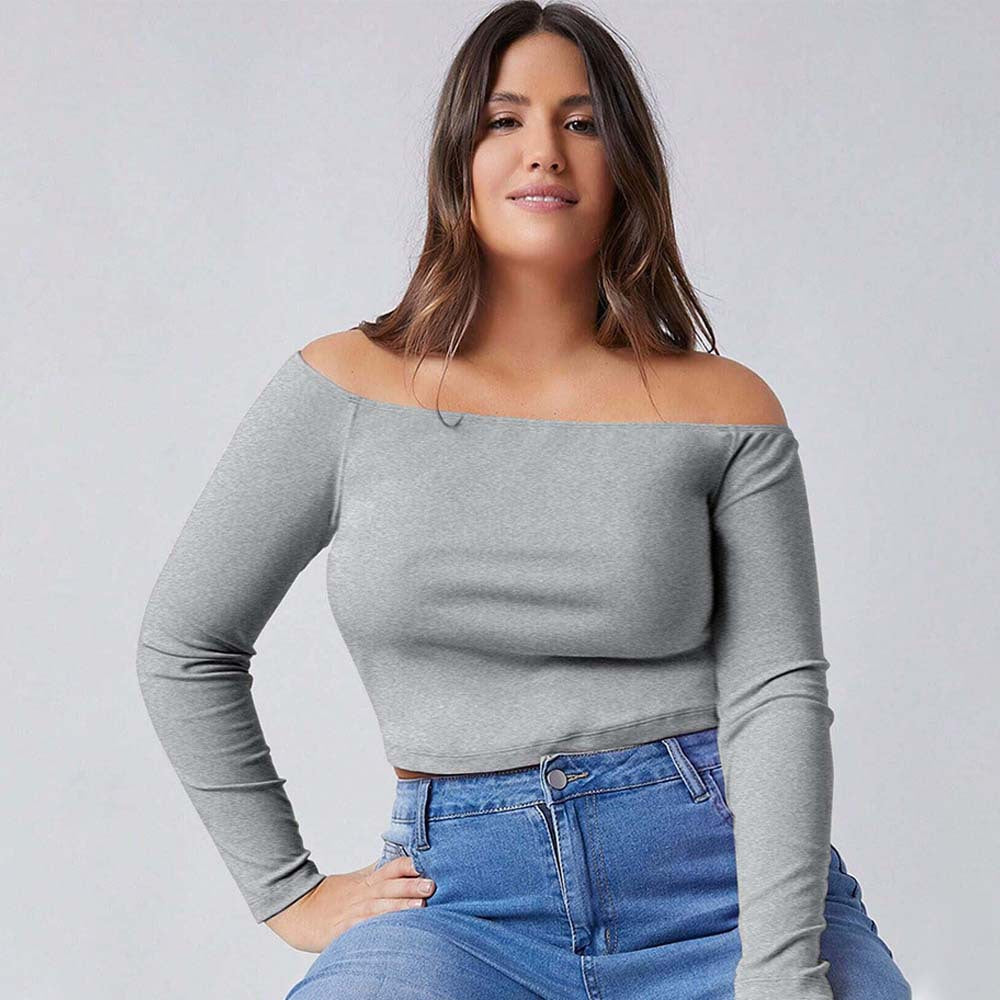 Plus Size Off-Neck Long Sleeve T-Shirt – Slim Fit Underwear Top for Fall and Winter (F00282355)