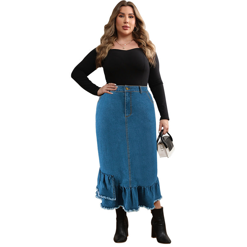 Plus Size Denim Long Skirt with Tassels – Stylish and Flattering Fit (F00271196)