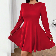 Plus Size Sexy Red Midi Dress – High Waist Slim Fit for Autumn and Winter (F00290250)