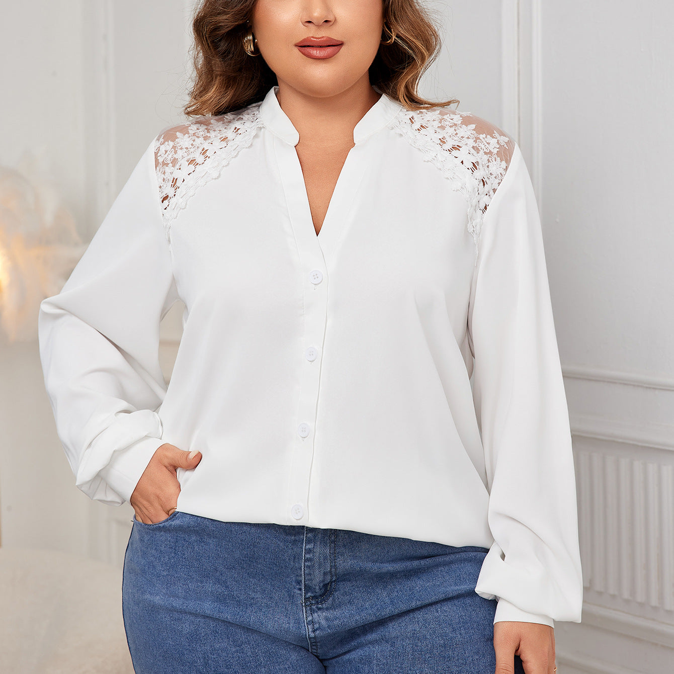 V-Neck Lace Stitching Shirt – Elegant White Long Sleeve Top for Autumn (F00282104)