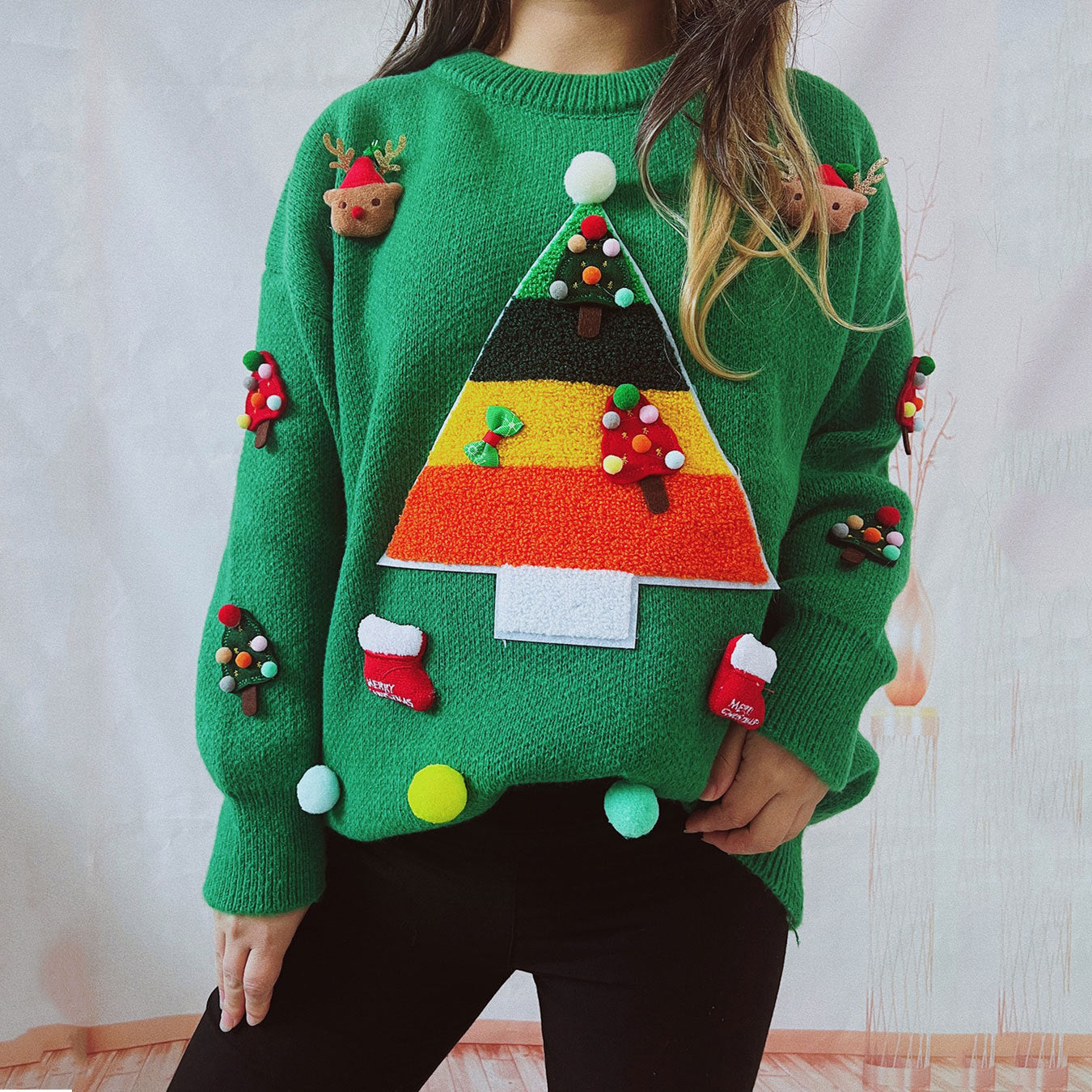 Christmas Pullover Sweater – Round Neck Long Sleeve Design for Women (F00291445)