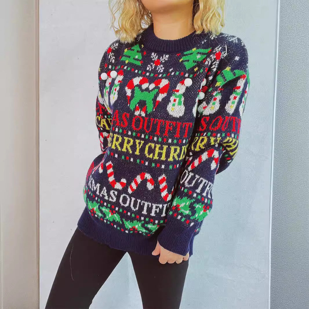 Loose Fit Christmas Sweater – Year-Themed Jacquard Knitted Pullover with Round Neck (F00287949)