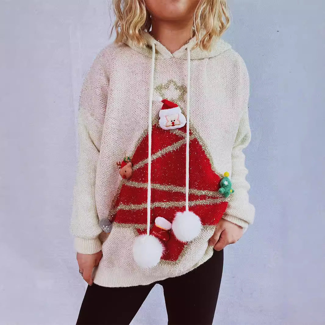 Christmas Hooded Sweater – Loose Knitted Top with Bright Silk and Tree Design (F00286519)