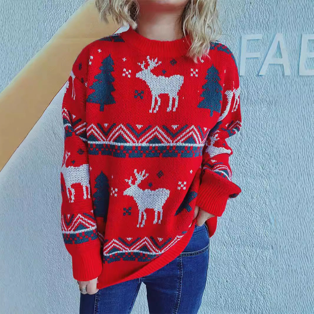 Red Christmas Sweater – Round Neck Long Sleeve Elk and Tree Jacquard Design for Women (F00291440)