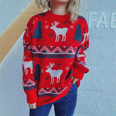 Red Christmas Sweater – Round Neck Long Sleeve Elk and Tree Jacquard Design for Women (F00291440)