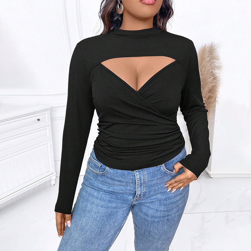 Plus Size Deep V-Neck Pleated Long Sleeve Top – Sexy Slimming T-Shirt for Autumn and Winter (F00287466)