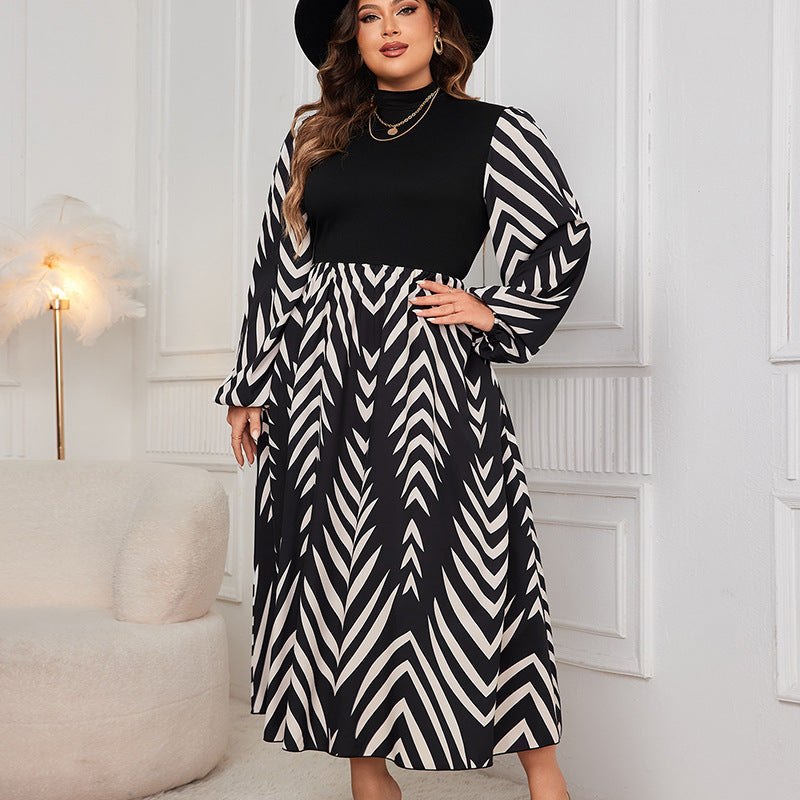 Plus Size High Waist Puff Sleeve Dress – Elegant Slimming Design for Autumn (F00287392)