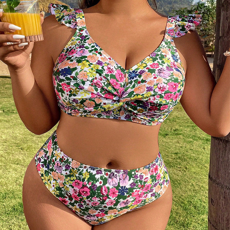 Plus Size Floral Bikini – Sexy Split Swimsuit for Women (F00273042)