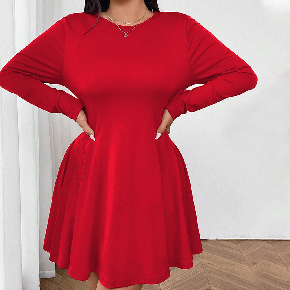 Plus Size Sexy Red Midi Dress – High Waist Slim Fit for Autumn and Winter (F00290250)