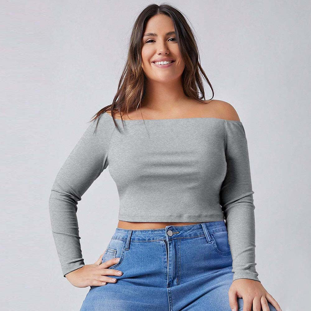 Plus Size Off-Neck Long Sleeve T-Shirt – Slim Fit Underwear Top for Fall and Winter (F00282355)