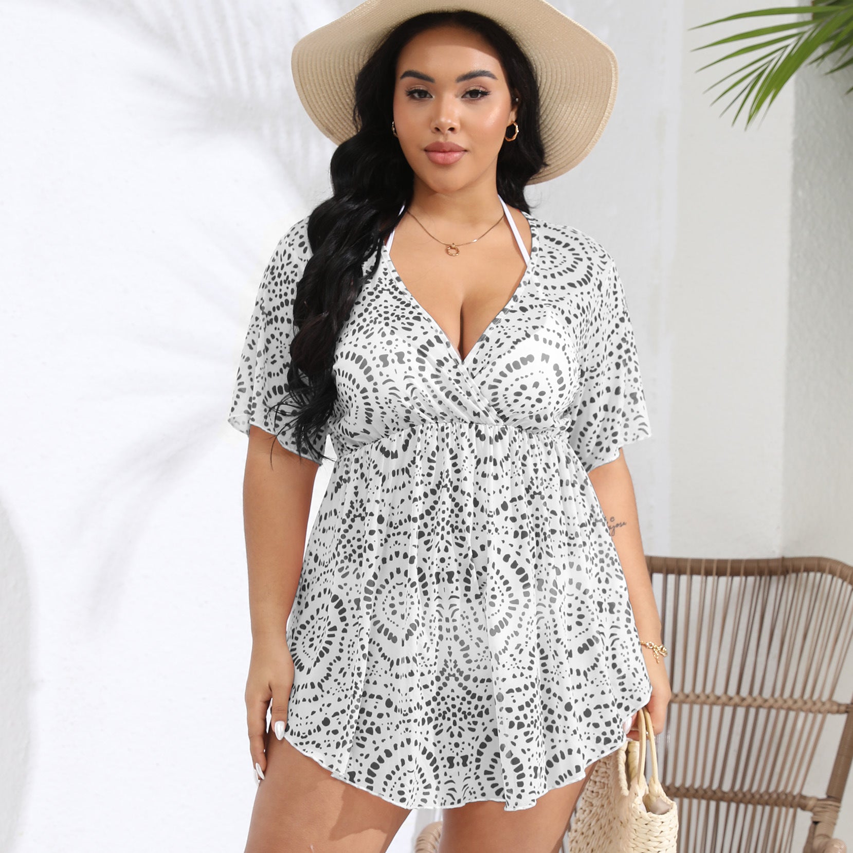 Plus Size Deep V-Neck Asymmetric Dress – Printed Summer Beach Vacation Blouse (F00248796)