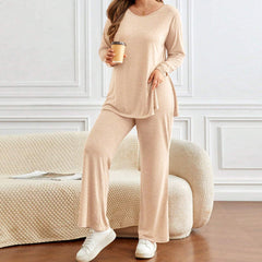 Plus Size Two-Piece Set – Round Neck Split Long Sleeve Top and Wide-Leg Pants (F00220189)