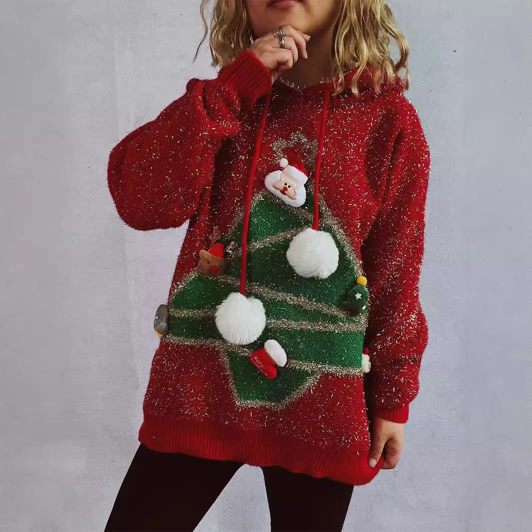 Christmas Hooded Sweater – Loose Knitted Top with Bright Silk and Tree Design (F00286519)