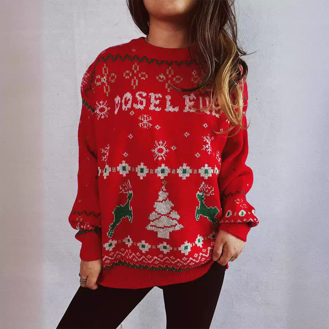 Women’s Christmas Sweater – Cute Loose Fit with Snowflake and Elk Jacquard Design (F00287944)