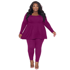 Plus Size Women’s Two-Piece Solid Color Suit – Long-Sleeve T-Shirt and Pants Set (F00210437)