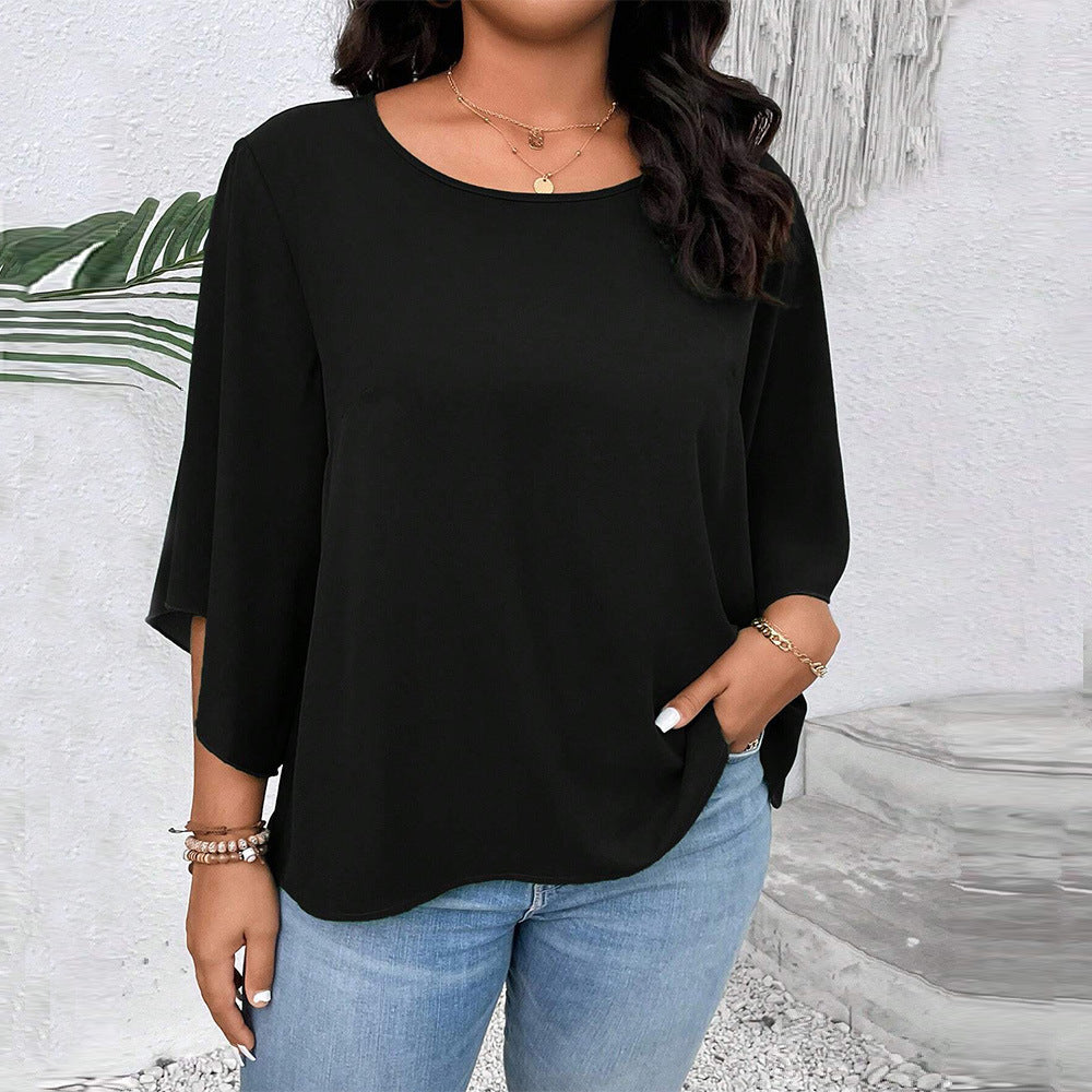 Plus Size Black Bell Sleeve T-Shirt – Loose Fit Slimming Short Top for Autumn and Winter (F00278088)