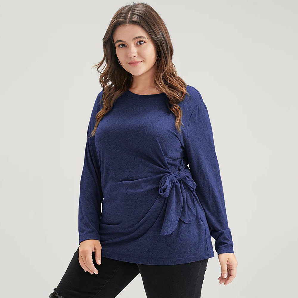 Plus Size Slim Fit T-Shirt – Elegant Pleated Twisted Design for Autumn and Winter (F00286423)