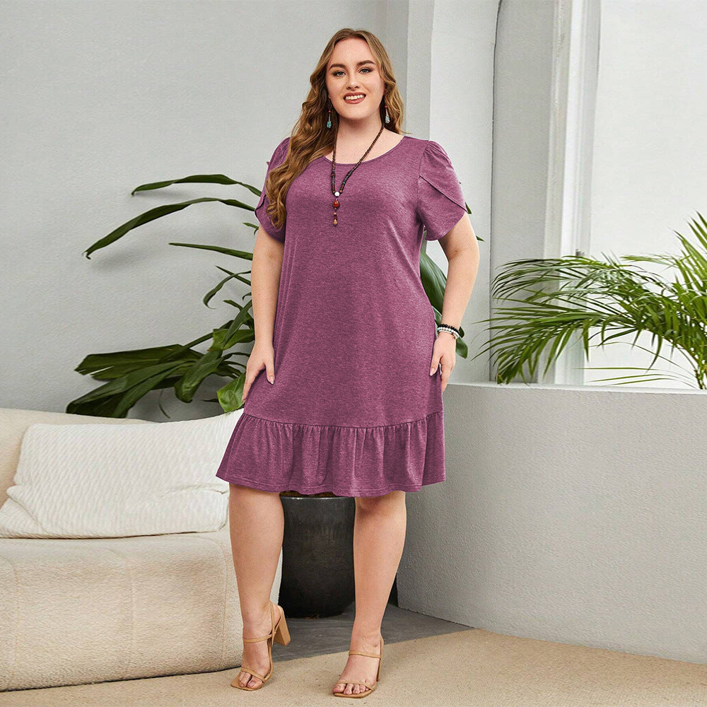 Plus Size Rose Red Midi Dress – Elegant Loose-Fit Summer Style (F00265363)