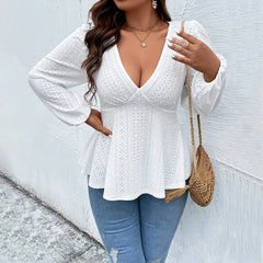 Plus Size Deep V-Neck Long Sleeve Top – Sexy and Sweet Office Style for Autumn and Winter (F00288443)