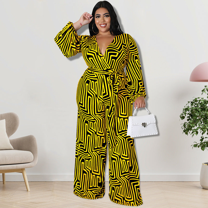 Plus Size One-Piece Outfit with Long Sleeves and Straight-Leg Pants (F00248470)