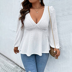 Plus Size Deep V-Neck Long Sleeve Top – Sexy and Sweet Office Style for Autumn and Winter (F00288443)