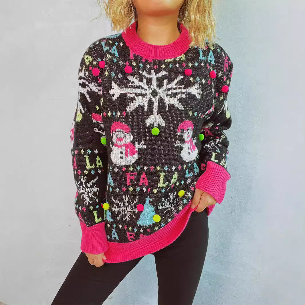 Christmas Sweater with 3D Fur Ball Decoration – Loose Fit Jacquard Pullover (F00287947)