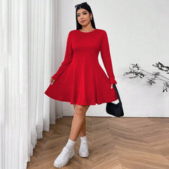 Plus Size Sexy Red Midi Dress – High Waist Slim Fit for Autumn and Winter (F00290250)