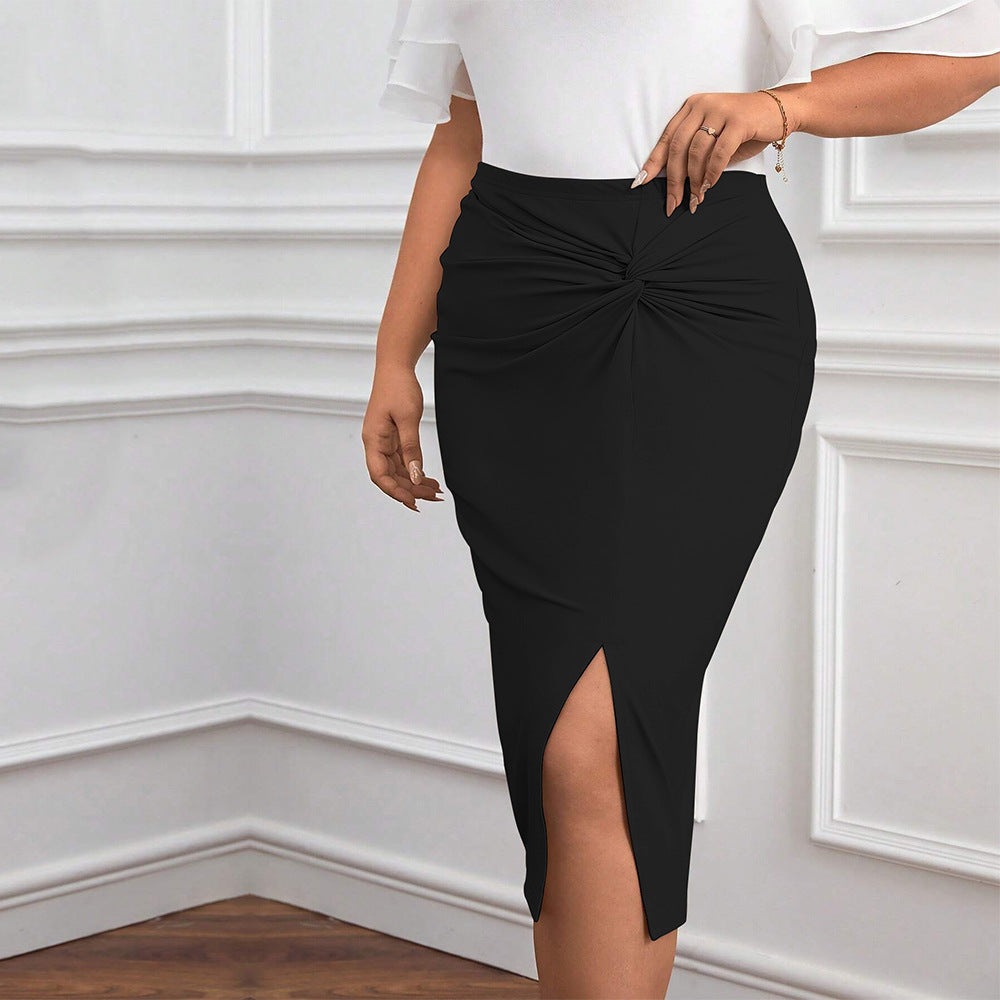 Plus Size Elastic High-Waist Sheath Skirt with Slit – Women’s Office Wear (F00243172)