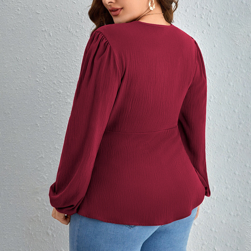 Plus Size Wine Red V-Neck T-Shirt – Elegant and Youthful Design for Autumn and Winter (F00285190)